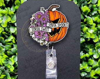 Halloween  Retractable Badge Reel, Sorta Spooky Sorta Sweet Floral Jacko lantern Badge Clip, Fall Pumpkin ID Badge Holder, Carabiner Badge