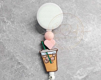 Interchangeable Badge Reel Base - Iced Coffee Love Beaded Badge Clip - Alligator Clip or Belt Clip