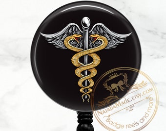Snakes Caduceus  Retractable Badge Holder, Mens Badge Reel, Murse Badge Reel, Doctor Badge Holder, Carabiner, Male Nurse Gift