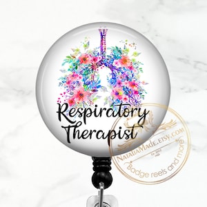 Respiratory Therapist Floral Watercolor Lungs  Retractable  Badge Clip Holder - Breakaway Lanyard - Carabiner - Stethoscope Tag - RRT
