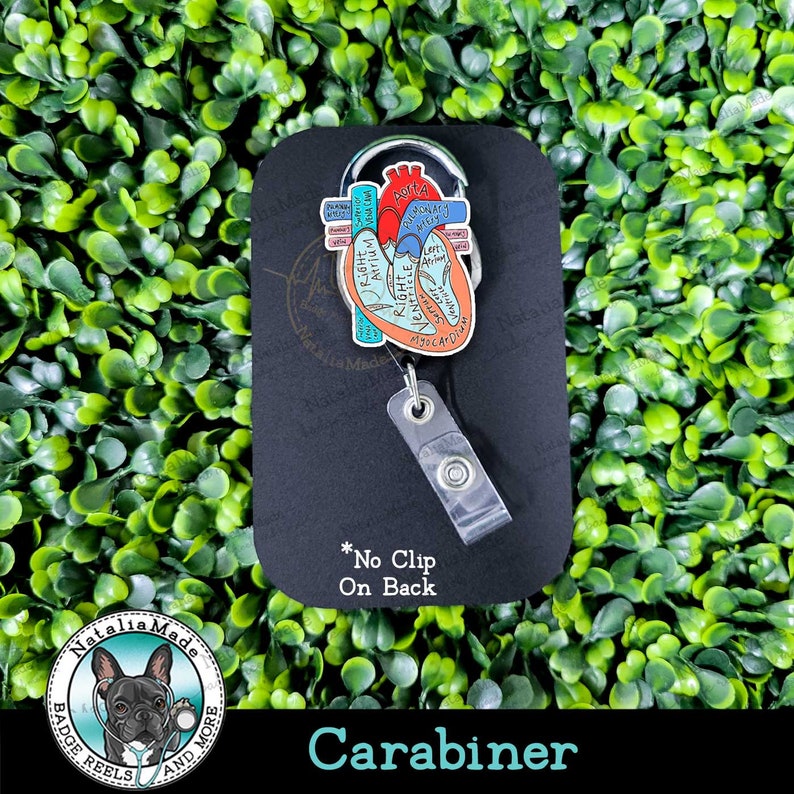 May include: A badge reel with a carabiner clip, featuring a colorful anatomical heart design. The heart illustration includes labels for the aorta, atrium, and ventricles. The text "No Clip On Back" is visible. The bottom of the reel reads "Carabiner".