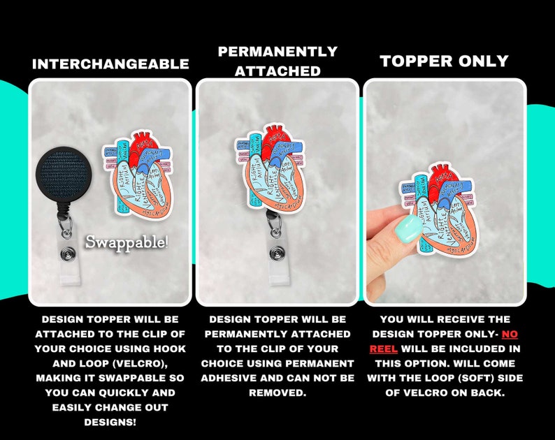 May include: Anatomical heart design badge reel topper with options for interchangeable, permanently attached, or topper only. The topper features a detailed illustration of a human heart with labeled parts in red, blue, and beige. Text includes "Interchangeable", "Permanently Attached", and "Topper Only".
