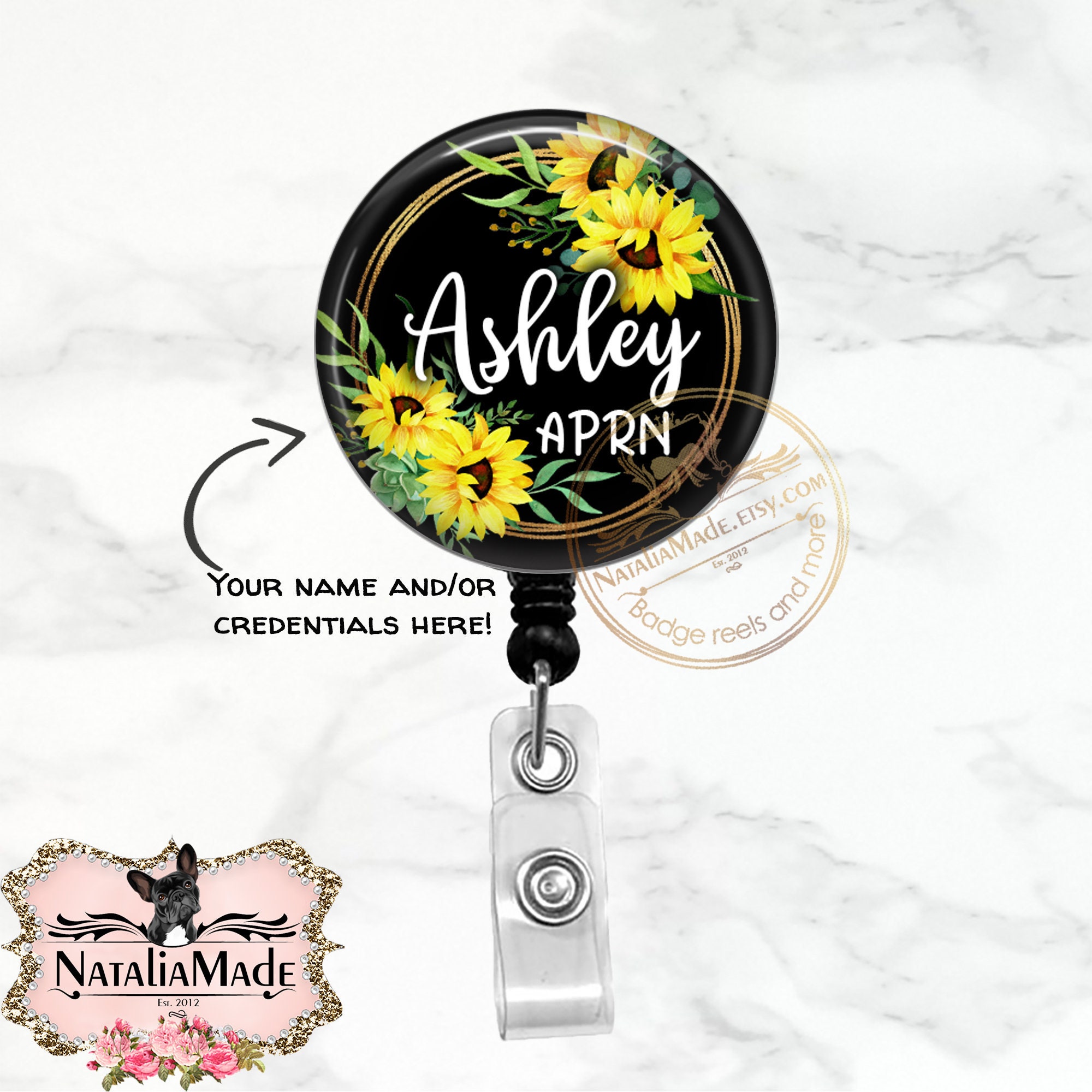 Personalized Sunflower Badge Reel Retractable Floral Badge Reel Stethoscope  ID Name Tag Lanyard Carabiner Name Badge 