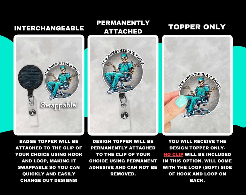 Op de afbeelding: Drie badge-rol opties: uitwisselbaar, permanent bevestigd en alleen de topper. Elke optie heeft een rond badge met een skelet dat een blauwe chirurgische scrub draagt en de tekst "Het is de schuld van de anesthesie".