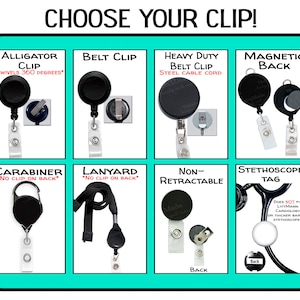 May include: A collage of different types of badge clips and lanyards. The clips include an alligator clip, belt clip, heavy duty belt clip, magnetic back, carabiner, lanyard, non-retractable clip, and a stethoscope tag.