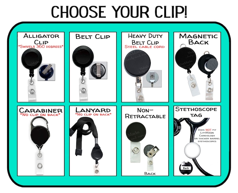 May include: A collage of different types of badge clips and lanyards. The clips include an alligator clip, belt clip, heavy duty belt clip, magnetic back, carabiner, lanyard, non-retractable clip, and a stethoscope tag.