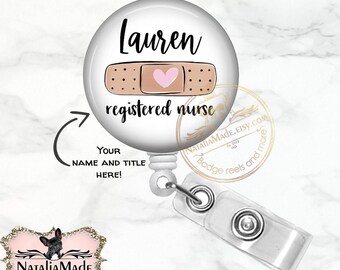 Personalized Heart Bandage Badge Reel -  Retractable Badge Holder - Stethoscope Name Tag - Breakaway Lanyard - Carabiner Clip