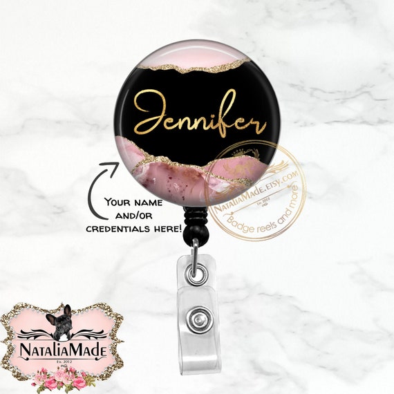 Personalized Pink and Gold Marble Badge Reel, Retractable Badge