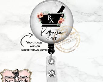 Marble Personalized Pharmacy Badge Reel -  Retractable Badge Holder  - Lanyard - Carabiner - Pharmacy Tech Pharmacist Gift
