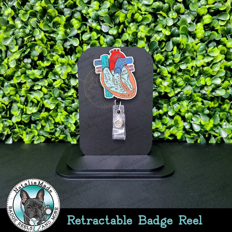 May include: A retractable badge reel featuring a colorful anatomical heart diagram. The diagram includes labels for the heart's chambers and vessels. The reel is attached to a clear plastic clip and is displayed on a black stand.