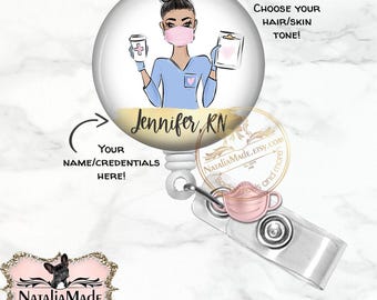 Personalized Nurse CNA Badge Reel with Mask Charm, Retractable ID Badge Clip, Cute ID Holder, Carabiner, Lanyard, Stethoscope Name Tag