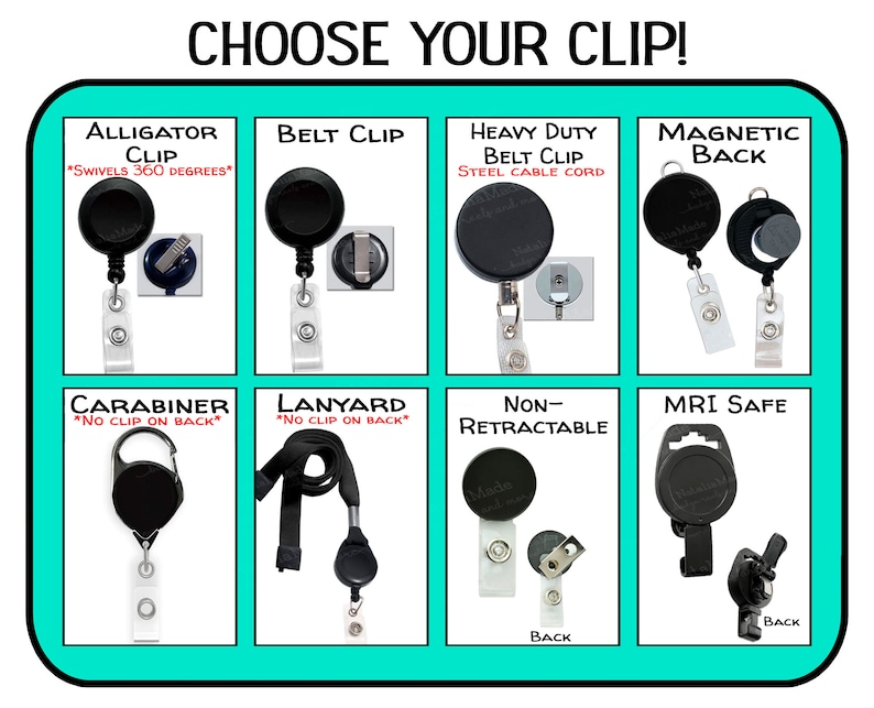 Puede incluir: Un gr&aacute;fico que muestra diez tipos diferentes de clips para insignias, incluyendo clip de cocodrilo, clip de cintur&oacute;n, clip de cintur&oacute;n de alta resistencia, respaldo magn&eacute;tico, mosquet&oacute;n, cord&oacute;n, no retr&aacute;ctil, seguro para resonancia magn&eacute;tica, y m&aacute;s. Los clips son todos negros y blancos.