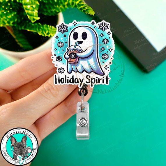 Holiday Spirit Ghost Retractable Badge Reel, Christmas Halloween ID Name Clip, Heavy Duty Reel, Lanyard, MRI Safe, Stocking Stuffer Gift