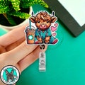 Highland Cow In Scrubs Retractable ID Badge Reel, Cute Cow with Coffee in Nurse Scrubs Badge Holder, Heavy Duty Reel, Lanyard, Carabiner