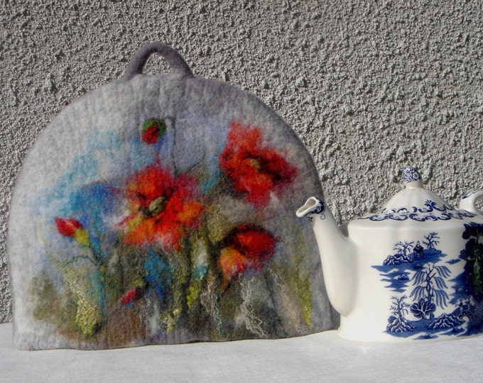 Hand Made Wool Felt Grey Tea Cosy With Poppy Design Etsy