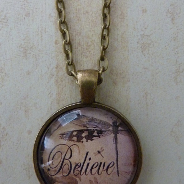 Believe,  Glass and Vintage Bronze Pendant Tray with Rolo Necklace