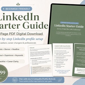 May include: A digital download titled "LinkedIn Starter Guide" with a green and white design. The guide offers a step-by-step LinkedIn profile setup for job seekers and career changers. The image includes a tablet displaying the guide and a checklist.