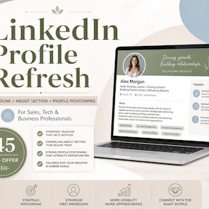 May include: A laptop and smartphone display a LinkedIn profile refresh service. The image includes text that says "LinkedIn Profile Refresh" and "For Sales, Tech & Business Professionals." The service offers a strategic headline, compelling about section, and strong profile positioning.