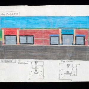 May include: A hand-drawn illustration of a storefront with two businesses: Staples and Five Below. The building is red brick with a blue sky above. The drawing includes floor plans for each business.