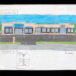 May include: A hand-drawn illustration of a storefront with three businesses: Five Below, Eyebrow, and Ashmont. The drawing is dated 9/14/2011 and includes a floor plan with the text "est 01/2011".
