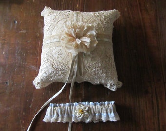 Ring Bearer Pillow with Garter...All Antique Fabrics..8" x 8"