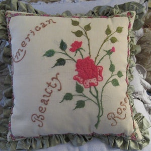 Antique Patriotic Rose Embroidery Pillow...&quot;American Beauty Rose&quot; circa 1910   18&quot; x 18&quot;