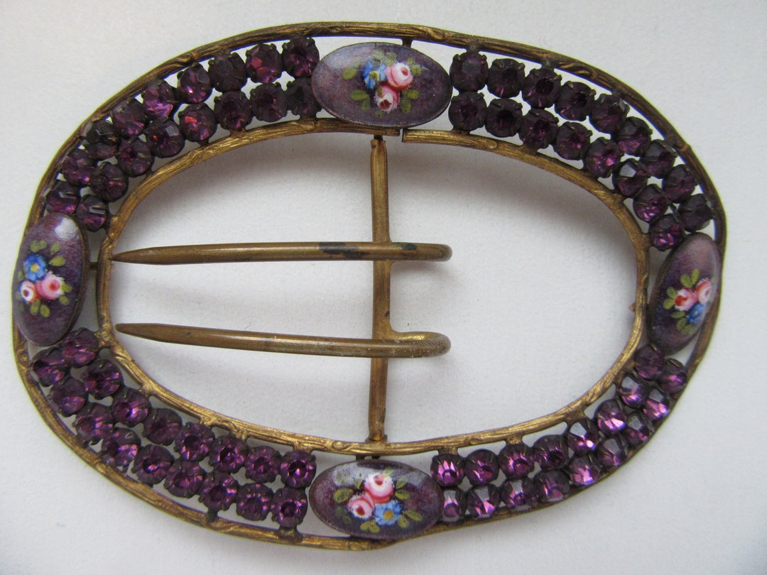 Rare Edwardian Faux Amethyst and Guilloche Sash/belt Buckle  display picture 3