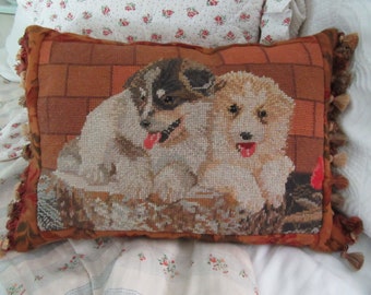 Vintage Puppies Needlepoint with Antique Fabric..13" x 18"