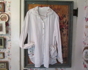 Upcycled Linen Blouse with Vintage  Delicate Embroidered Tablecloth Trimmings