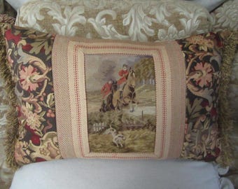 Reservado para L... Almohada de bordado con caballo y sabueso antiguo... Telas Ralph Lauren de 14" x 23"
