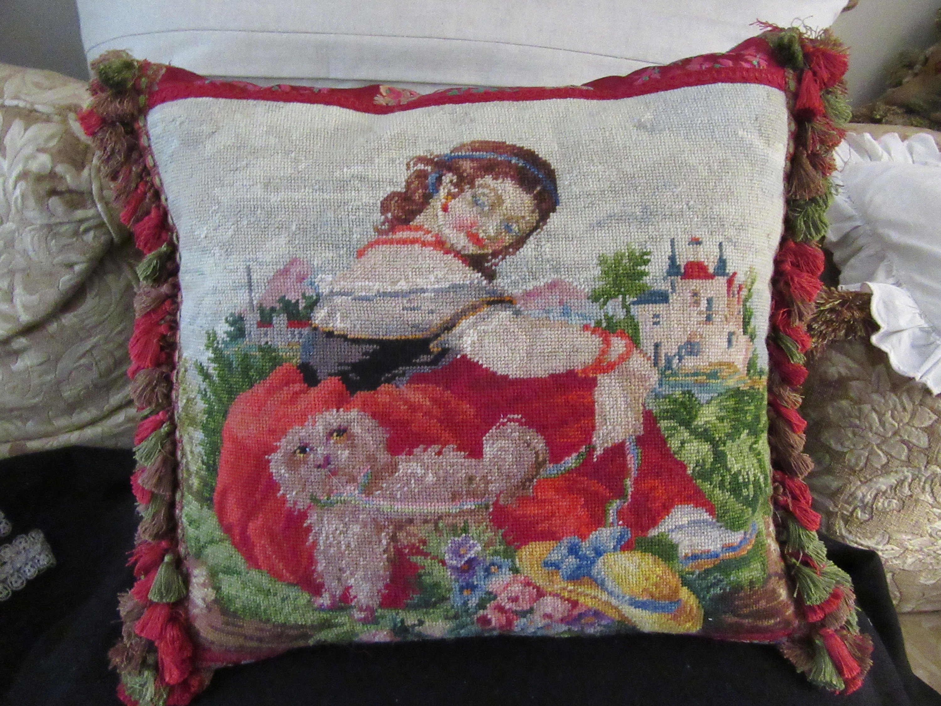 Green 19th-Century French Needlepoint Wool Cushion by By Walid