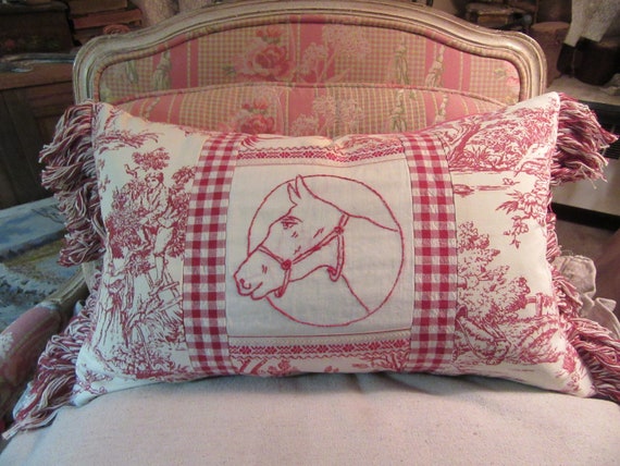 Antique Horse Pillow...Red Turkey Stitch and Red & White Toile..13" x 20"