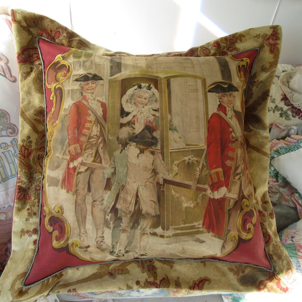 Chromolithograph on Cloth of Noble Woman in a Sedan Chair  Pillow...18" x 18"