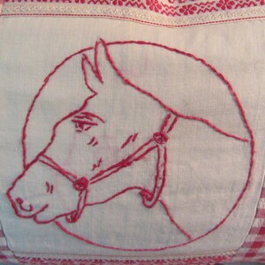 Almohada antigua con diseño de caballo... puntada de pavo rojo y toile rojo y blanco... 13" x 20" imagen 3