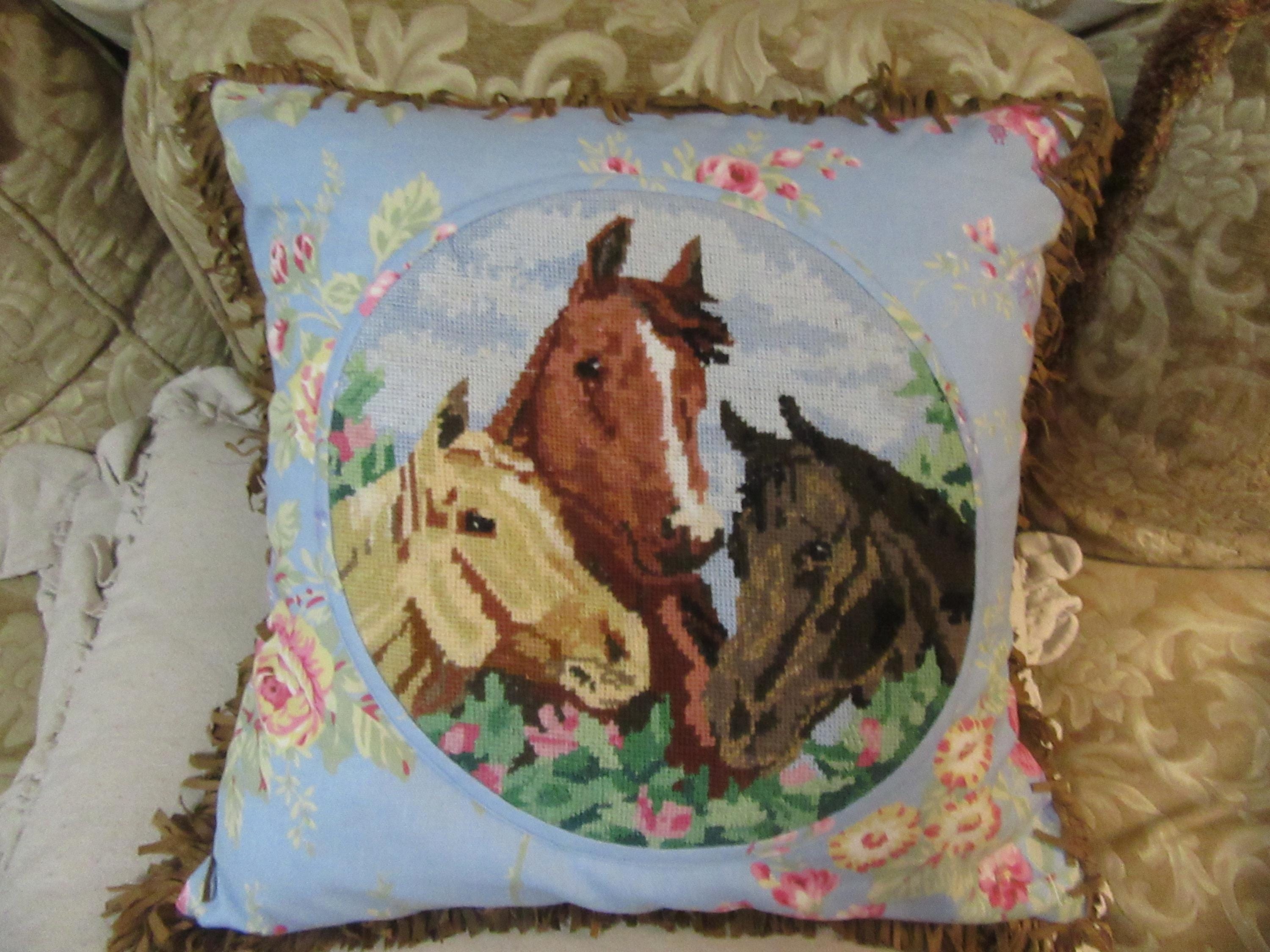 Pair Needlepoint Pillows English Jockey Equestrian Horse