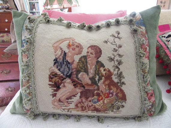 14 X 19 Antique Needlepoint Pillow Of A Couple Etsy