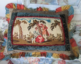 Antique Dog and Couple Petit Point Pillow 14" x 18"