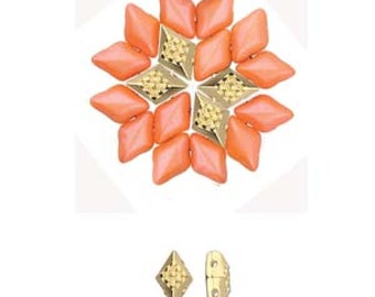 May include: A close-up of a set of orange and gold beads. The beads are arranged in a star shape. There are two additional gold beads below the star.