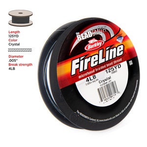 May include: A spool of Berkley FireLine microfused braided bead thread. The label indicates 125 yards of crystal-colored thread with a diameter of .005" and a 4LB break strength. The spool is black with red and yellow accents.