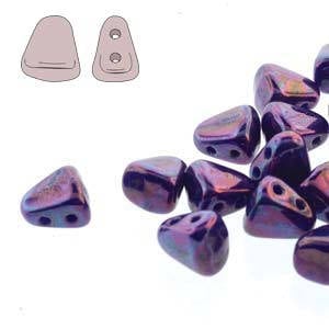 May include: A group of small, iridescent purple triangle-shaped beads with two holes each. The beads have a slightly irregular shape and a glossy finish.
