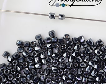 Jet Full Hematite, Tru2 Fire Polish (2mm) - 50 or 100pcs.