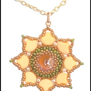 May include: A gold chain necklace with a beaded pendant in the shape of a star. The star is made with yellow, green, and gold beads. The center of the star has a clear crystal.