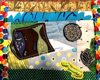 Patchwork Mat. Mini art. Fabric art. Fish in lake. Fish art. Fabric fish. Handmade fish art. Patchwork. Fish Gifts. Crocodile. T-091