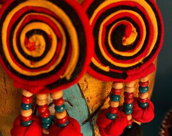 BOHO Earring. Embroidered earring. Embroidered textiles with beading earring.