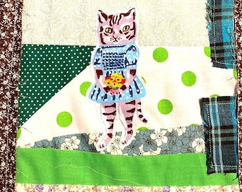 Pixie.  Patchwork Mat. Mini art. Fabric art. Handmade art. Handmade fiber art. Patchwork. embroidery patches. Pixie Patch.T-095
