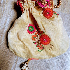 Indian Handmade Pouch Bags. Embroidery floral bag. Purse Bag For Gift. Brocade Art Drawstring bag. Wedding Bag. Hand bag for women. T-127
