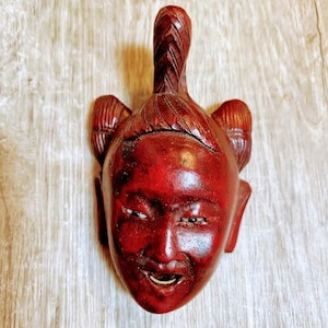 Vintage hand carved Rosewood laughing mask. Vintage wooden mask. Asian folk art.