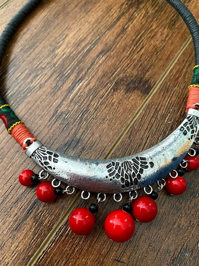 Ethnic Cultural Jewelry. Asian native jewelry. Asian necklace. Fiber necklace. Fiber jewelry