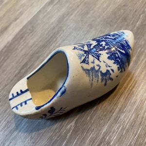 Vintage souvenir Delft blue Dutch shoe with Holland windmill.Authentic Dutch Clogs Footwear. Ceramic shoe.Dutch shoe. Hand carved shoe.