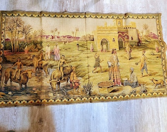 French tapestry with fantasy scenes from North Africa to SE Asia. Vintage French Tapestry Wall Hanging. European wall tapestry.
